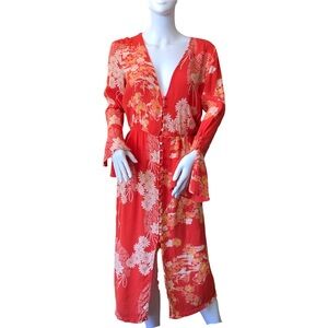 FREE PEOPLE Size‎ Small Red Orange Floral Crepe Mixed Print Twist Dress Sundress